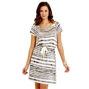 Daisy Fuentes short sleeve olive striped drawstring cinch waist dress - XS